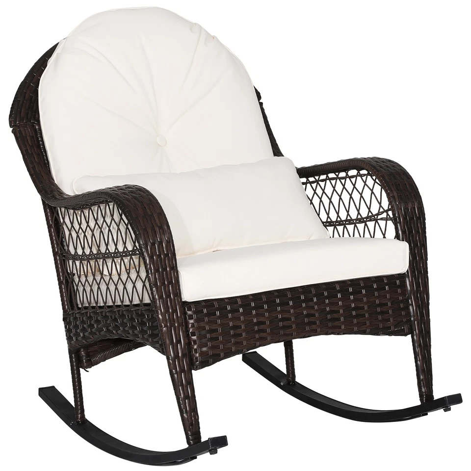 Patio Wicker Rocking Chair W/Seat Back Cushions & Lumbar Pillow Porch Off White