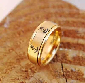 Engraved 18K Yellow Gold Plated Laser Minimal Anchor Sailor Design Spinner Ring - Picture 1 of 3