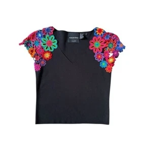 Michael Simon Black Floral Embroidered Top Floral Wearable Art Vintage - Picture 1 of 5