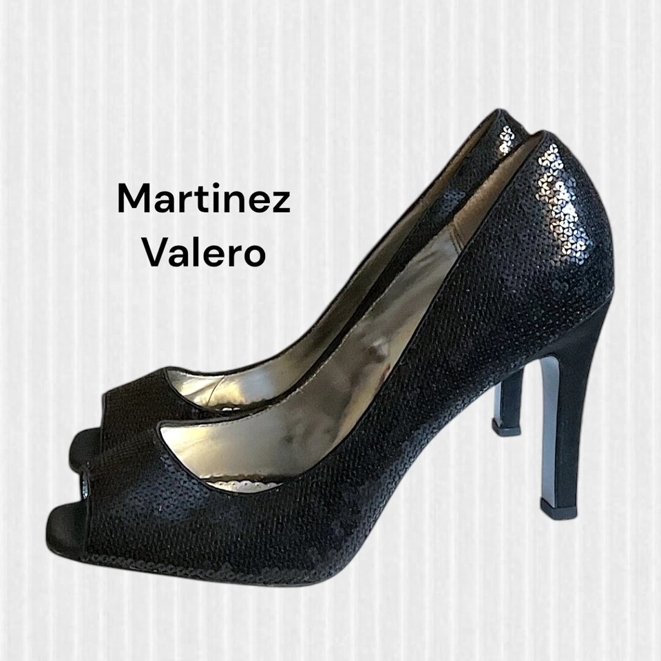 MARTINEZ VALERO TACONES ALTOS Talla 10 Whisper Negro Lentejuelas Bombas Punta abierta 4"  Foto 1 de 4