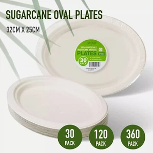 32cm Large Oval Plates Disposable Degradable Sugarcane White Party Catering Bulk - Picture 1 of 3