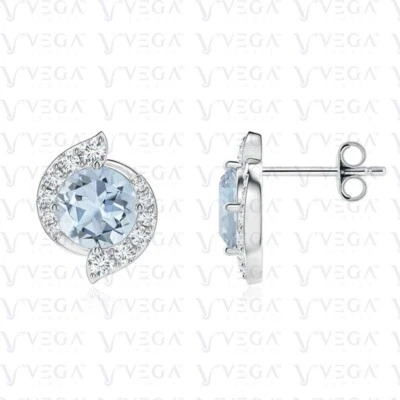 Pendiente de diamantes y aguamarina natural de corte redondo de 3,50 quilates enchapado en oro blanco de 18 k Foto 1 de 4