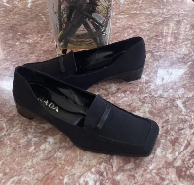 Prada Women's Black Canvas Square Toe Heel Loafer Shoes Sz 39/US 8.5-9 EUC, $795 - Image 1 of 4