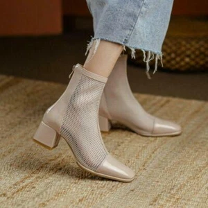 Womens Square Toe Back Zip Ankle Boots Block Heel Formal Motor Work Mesh Sandals - Picture 1 of 13
