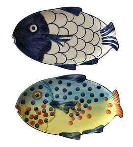 Juego de 2 platos diferentes pintados a mano en Zanolli Made Italy para servir pescado - Imagen 1 de 8