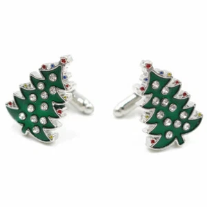 Men's Enamel Christmas Tree Cufflinks with Crystals - Silvertone & Green Multi - Picture 1 of 1