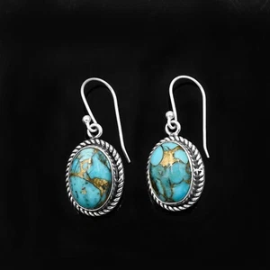 Blue Copper Turquoise Round 925 Sterling Silver Designer Minimalist Cute Earring - Picture 1 of 6