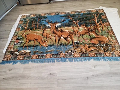 Vintage Velvet Tapestry Rug Wall Hanging 48"x72" Deer ELK with Fringe Excellent - Image 1 of 4
