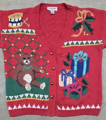 Suéter Feo Navidad De Colección Casual Corner Mujer Talla L Rojo Bordado Campana Botones Foto 1 de 4