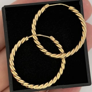 9ct Yellow Gold Twisted Hoop Sleeper Earrings Hallmarked 30mm - Picture 1 of 7