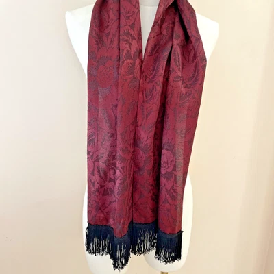 Vintage Italian Damask Scarf Burgundy Metallic Lame Fringe Opera Old Money 11X56 - Image 1 of 4