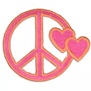 Pink & Orange Peace Sign Applique Patch - Two Hearts Love Badge 2-1/8" (Iron on) - Picture 1 of 1