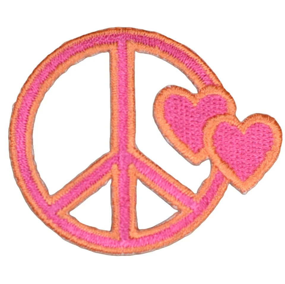 Pink & Orange Peace Sign Applique Patch - Two Hearts Love Badge 2-1/8" (Iron on) - Image 1 of 1