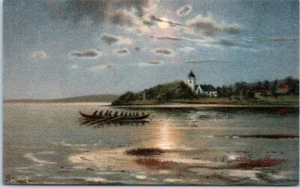 Suecia BARCO DE REMOS EN ESCENA DEL LAGO Artista Firmado Pintura Arte Poema - Postal - Imagen 1 de 2
