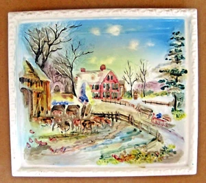 Vintage Country Scene Bas Relief 3 Dimensional Ceramic Plaque with Hanger - Picture 1 of 2