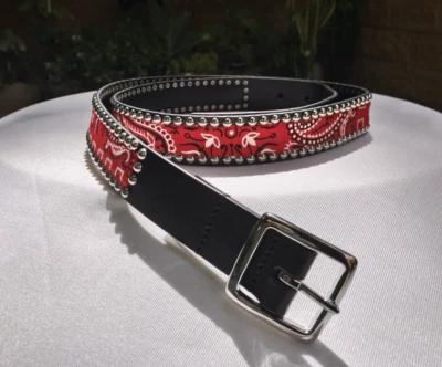 HTC Los Angeles BELT Unisex Black Leather Studded Red Paisley Made Italy 100cm - Image 1 of 4