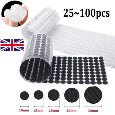 25-100X ROUND SELF ADHESIVE Stick On HOOK / LOOP Sticky Tape Fastener Strip UK - Image 1 of 4