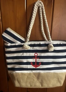 Chadwicks Blue & White Striped W Red Anchor Beach Tote Large Canvas Bag W Purse - Picture 1 of 10