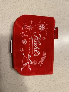 NEW Kiehl's Red Soft Velvet Makeup Bag Cosmetic Pouch Holiday White Embroidery - Picture 1 of 4