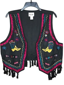 VINTAGE 1980'S STEFANO COTTON WESTERN FLORAL EMBELLISHED VEST FRINGE HEM L LARGE - Picture 1 of 3