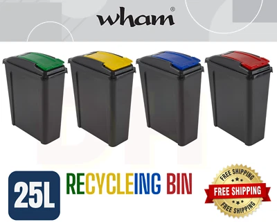 25L Plastic Recycle Bin & Lift Top Lid Green Yellow Blue Red Kitchen Home Office - Image 1 of 4