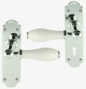 White Porcelain Lever Door Handle On Backplate Polished Chrome - Picture 1 of 3