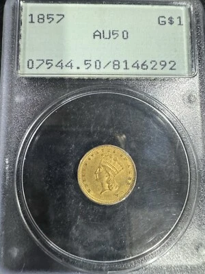 Cabeza de princesa india de oro de $1 de 1857 con clasificación PCGS AU-50  Foto 1 de 2
