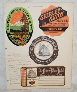 125r. COLORADO LUGGAGE LABELS, ESTES PARK, SHIRLEY SAVOY, THE BROWN PALACE x2 - Picture 1 of 2