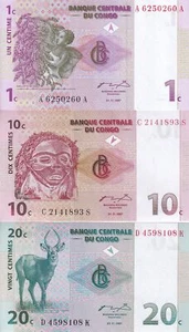 Congo Set 3 Pezzi 1 10 20 Centimes 1997 P 80 82 83 UNC NR - Foto 1 di 4