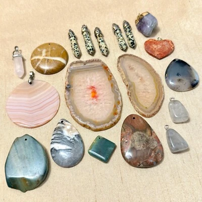Mixed Gemstone Pendant Lot, Natural Crystal Stone Agate & Jasper - Set of 19 - Image 1 of 4