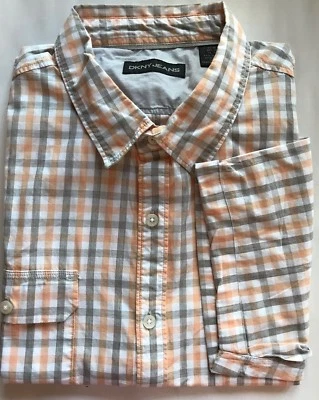 DKNY Hombres Camisa de Vestir XL Manga Corta Naranja Gris Blanco Cuadros Porter Algodón Foto 1 de 4