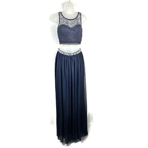 My Michelle Navy Blue Two-Piece Metallic Lace Chiffon Bottom Formal Prom Dress 3 - Picture 1 of 7