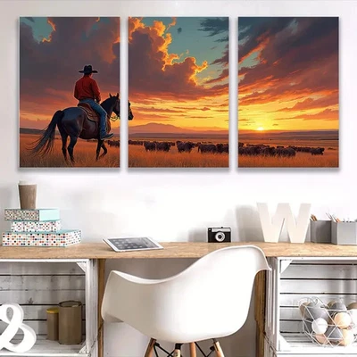 3pcs Western Cowboy Sunset ART Wall Art Canvas  Unframed/Framed - Image 1 of 4