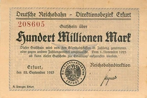 Weimar Reichsbahndirektion 100 Millionen Mark 1923 sehr l. gebr. (Mittenfalte) - Bild 1 von 2