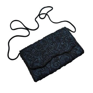 Vintage La Regale black satin evening bag beaded shoulderbag dressy purse 1990’s - Picture 1 of 10