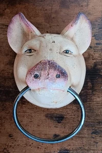 Pig with Ring Towel  Cast Iron  Heavy Decor  Home Garage Yard Decor - Picture 1 of 3