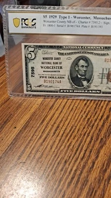 1929 $5 Worcester National Currency Banknote Type I - Image 1 of 4
