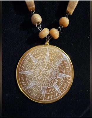 Statement Carved Calcite Mayan Aztec Sun Stone Necklace - Image 1 of 4