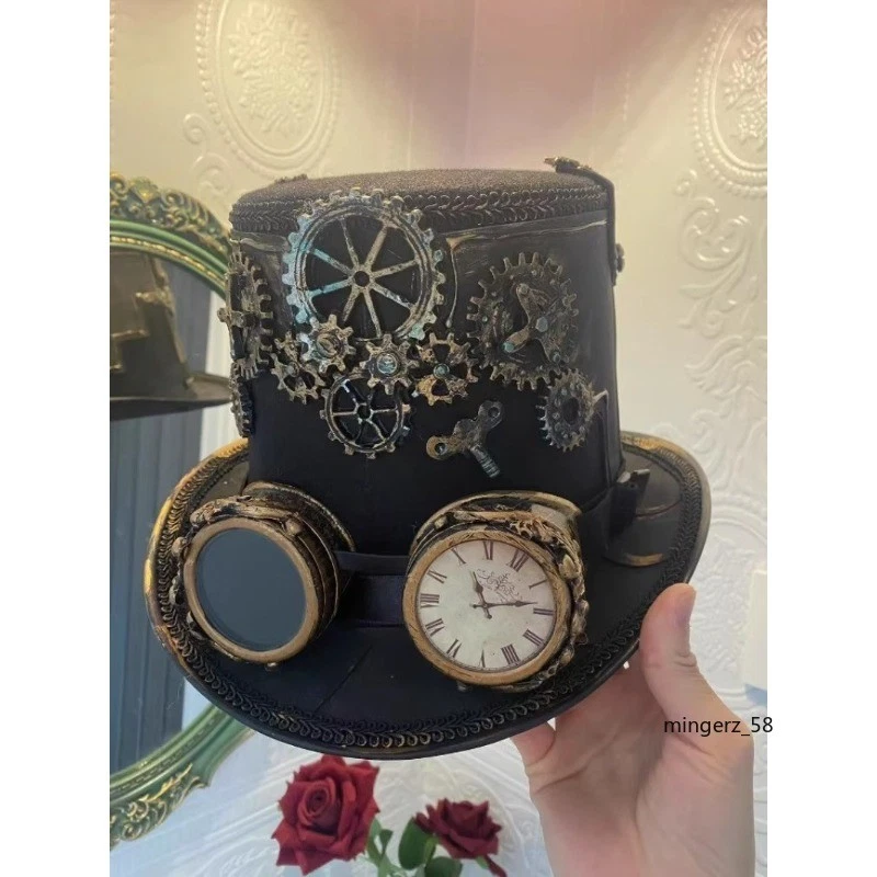 NEW Black Top Hat Halloween w/ Clock Spike Costume Steampunk Goggles Accessories - Image 1 of 4