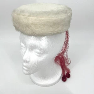 Vintage 60er Jahre Creme Kunstfell Pillbox Fascinator Damen Hut mit Netz - Bild 1 von 5