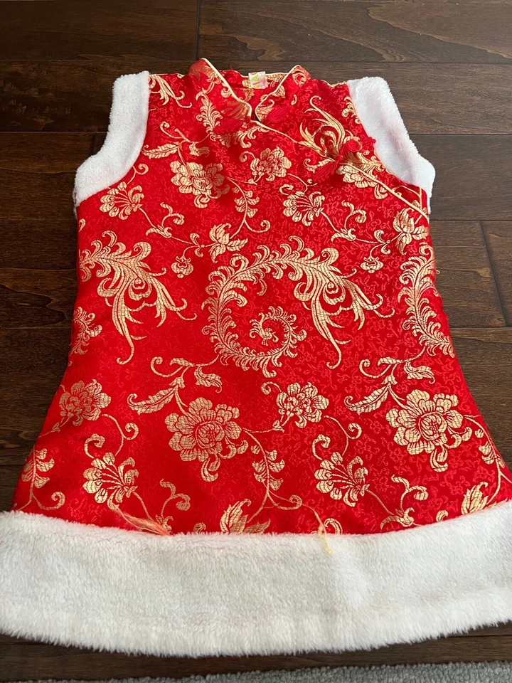 Girls Red Embroidery Flower Faux Fur Chinese Dress Size 6 - Image 1 of 4