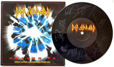 NM DEF LEPPARD HEAVEN IS 7" ETCHED AUTOGRAPHS VINYL 45 DISC - Image 1 of 3