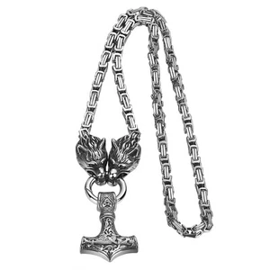 Mens Viking Wolf Thor Hammer Pendant Stainless Steel Necklace Norse Mjolnir Odin - Picture 1 of 44