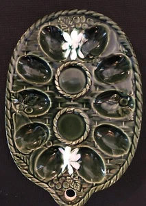 Vintage Deviled Egg Dish Green Ceramic Floral Accents Excellent - Picture 1 of 6