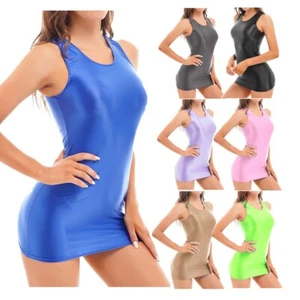 Women's Oil Glossy Smooth Sleeveless U Neck Tank Tops Bodycon Teddies Mini Dress - Picture 1 of 190