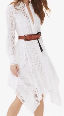 BCBGMAXAZRIA Beatryce 手帕-Hem 衬衫连衣裙白色孔眼领 L 码 — 第 1/4 张图片