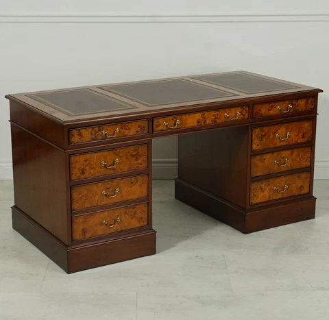 English Pedestal Desk Solid Mahogany and Burl Brown leather top Cover