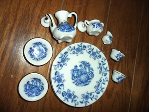 Miniature Ceramic Dollhouse Courting Couple Tea Set Demitasse Japan Blue 10 Pc - Picture 1 of 9