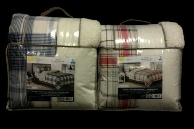 1 Mainstays Red/Green or Gray Plaid Flannel Sherpa bedroom Comforter Set bed F/Q - Image 1 of 3