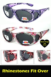 Women Oval Rhinestone Polarized Lens Cover Fit Over Sunglasses Heart Side Shield - Picture 1 of 26